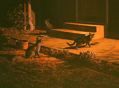 Animal pictures: red fox original oil painting, urban red fox and domestic cats 