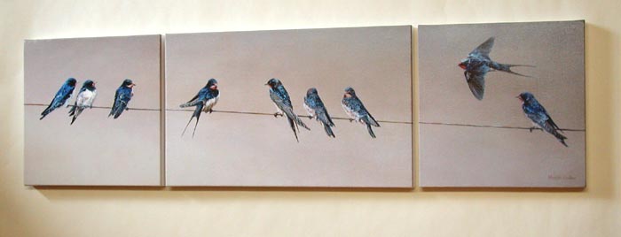 swallows sitting on a wire print - canvas triptych print