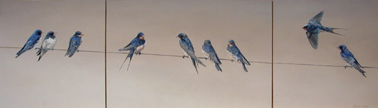 swallows triptych, oil painting
