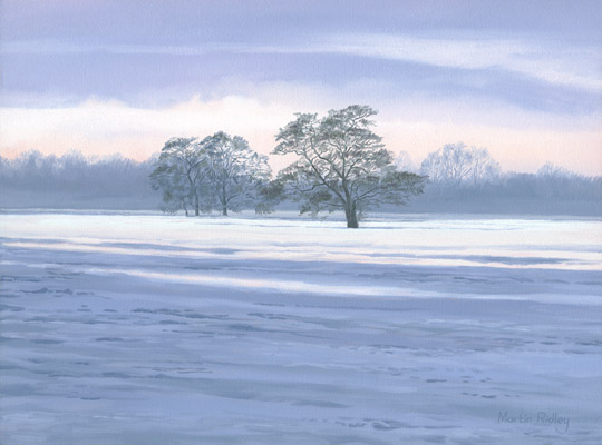 landscape painting - alder trees - winter trees in the snow