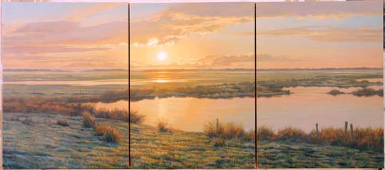 broken skies sunset triptych, oil painting