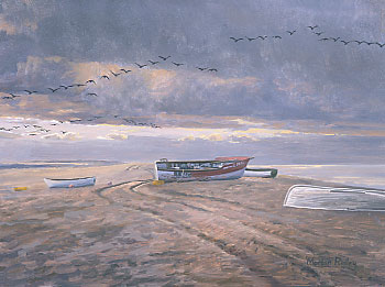 Geese paintings: A painting of Blakeney Point and pink-footed geese, wildfowl