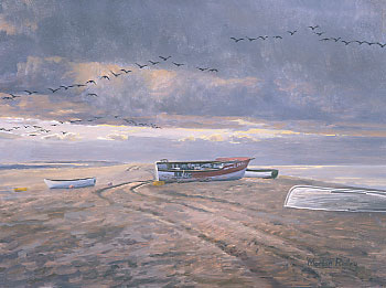 Geese paintings: A painting of Blakeney Point and pink-footed geese, wildfowl