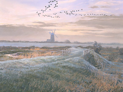 Geese paintings: A painting of Burnam Overy Staithe windmill and pink-footed geese, wildfowl