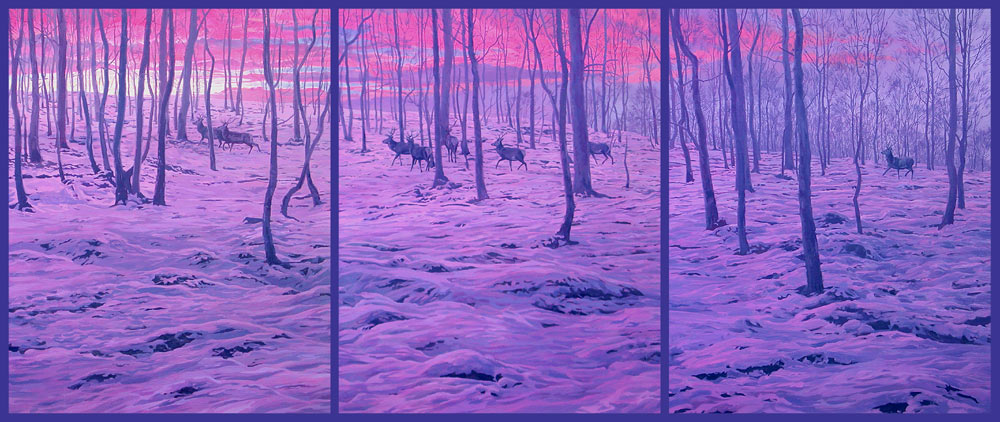 red deer herd in snow, triptych oil painting by Martin Ridley